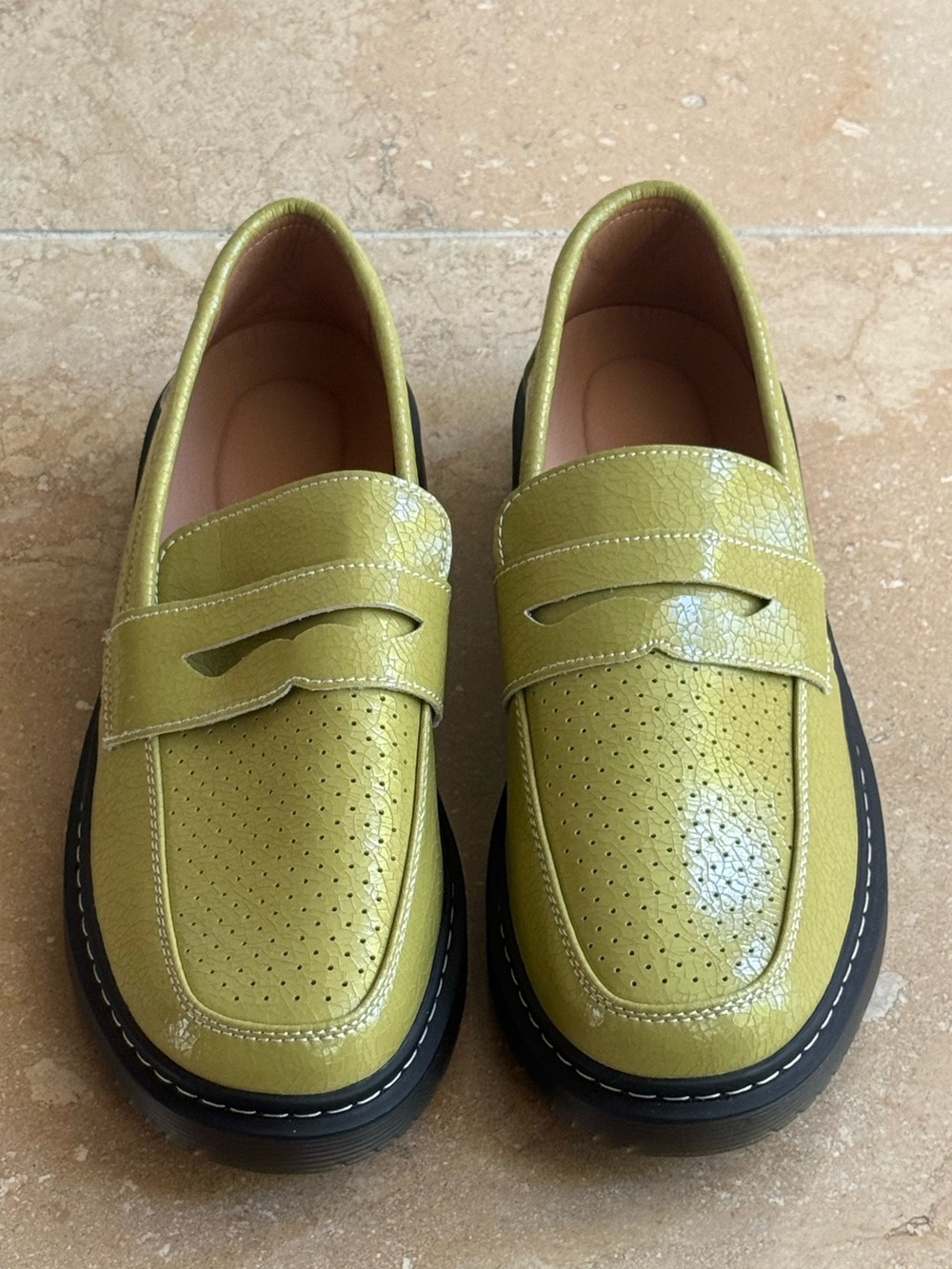 Women’s  Lime Green Perforated Leather Penny Loafers size 10